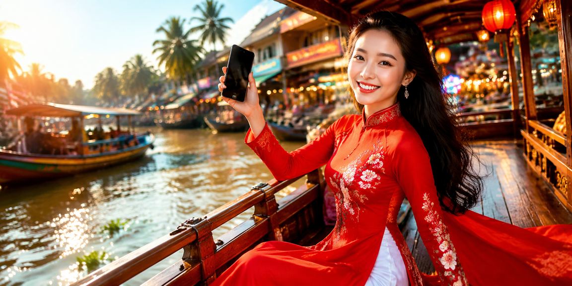 Phụ nữ mặc áo dài bên sông Mekong tham gia xổ số và trò chơi may mắn truyền thống